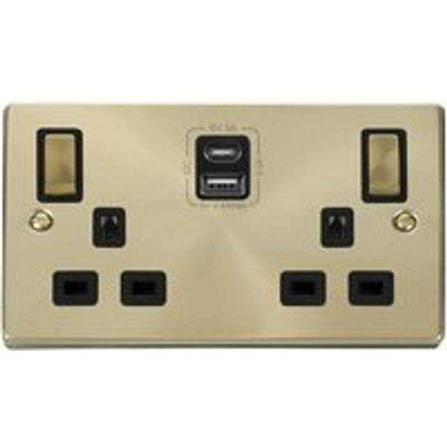 Se Home - Satin / Brushed Brass 2 Gang 13A dp Ingot Type a & c usb Twin Double Switched Plug Socket - Black Trim