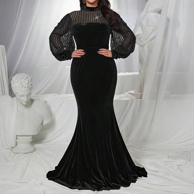 SHEIN Plus Size Black Mesh Contrast Long Sleeve Formal Evening Gown With Elegant Train, Prom Dress, For Wedding Guest, Graduation, Dinner Party Dress