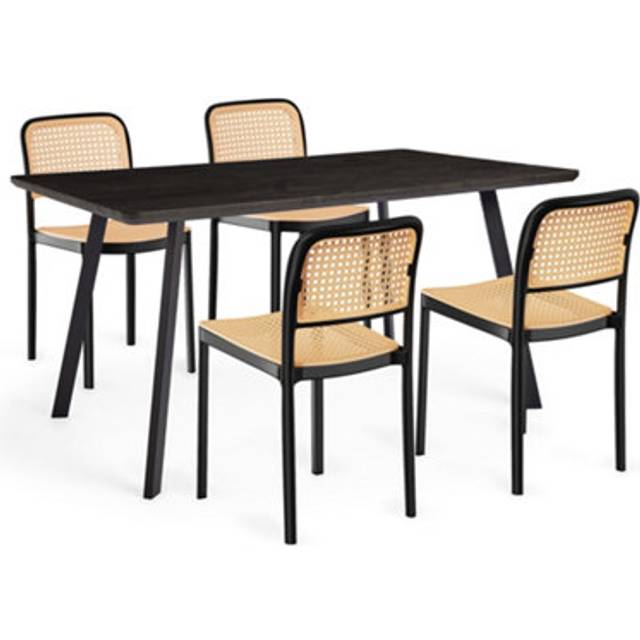 VonHaus Dining Table & Chairs Set - Rectangular Dining Table with 4 Dining Chairs - Dark Wood Effect Dinner Table with 4 Plastic Rattan Effect Chairs