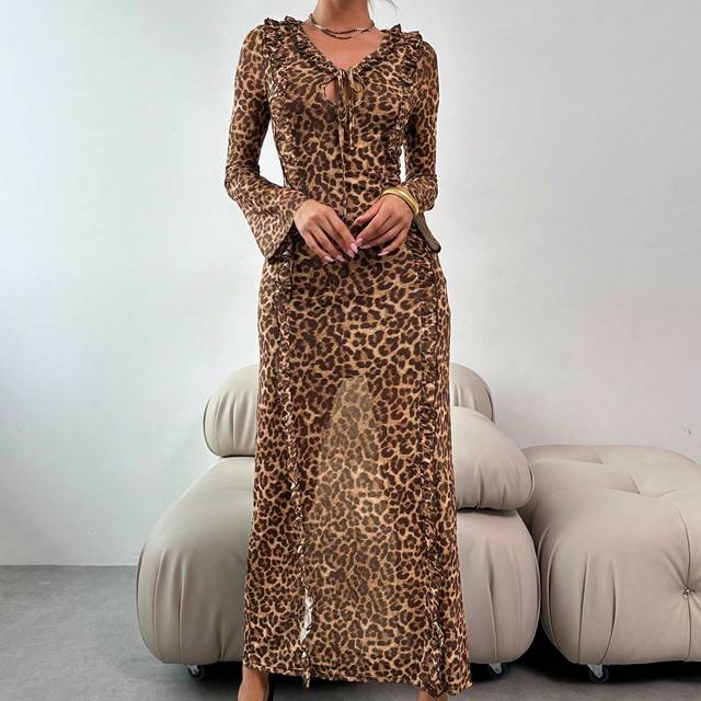 SHEIN Elegant & Sexy Leopard Print V-Neck Wrap Flare Sleeve High Slit Bodycon Dress, For Party & Outing In Autumn & Winter