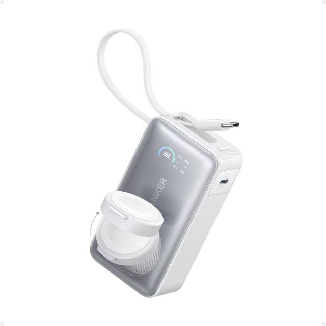 Anker MagGo powerbank för Apple Watch, officiellt certifierad, 10 000 mAh kompakt batteripaket med integrerad USB-C-kabel, 35W Max., för iPhone 16, iPhone 15-serien, iPad, AirPods och mer
