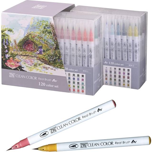 Kuretake ZIg clean color Real Brush Marker, 120 colors set, Flexible Brush Tips, Watercolor Pens for Painting, Drawing, calligraphy and Brush Letteri