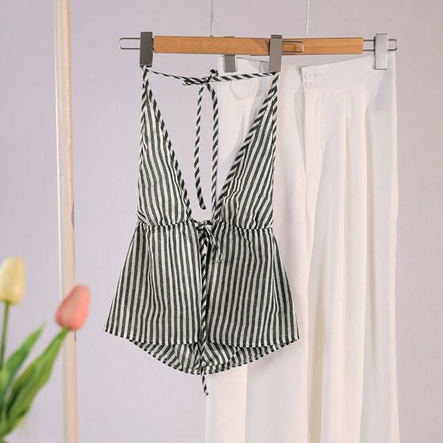 Flirla Women&#39;s Summer Casual Striped Halter Neck Wrap Tank Top Graphic Tees Women Tops