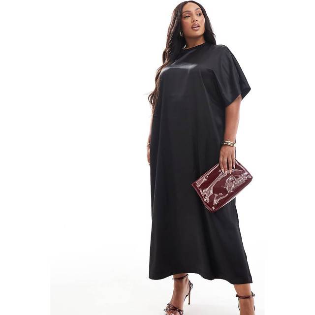 ASOS DESIGN Curve – Midilång t-shirtklänning i oversize och satin-Svart/a