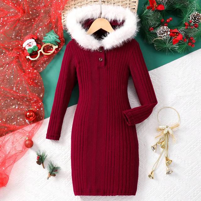 SHEIN Tween Girl Hooded Ribbed Waist Fitted Midi Dress With Fluffy Collar, Red - For Winter, Halloween, Party, Gathering, For Christmas