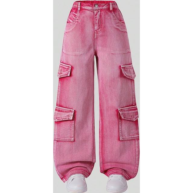 SHEIN Tween Girl Y2K Style Vintage Distressed Multi-Pocket Cargo Washed Pink Denim Jeans