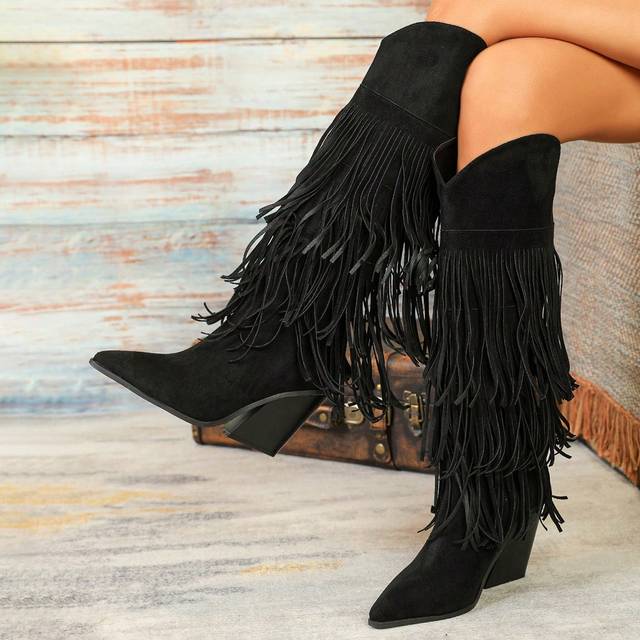 SHEIN Women&#39;s Black Retro Knee-High Fringe Decorated Side Zipper Faux Suede Chunky Heel Vacation Boots, Wood Grain High Heel Pointed Toe Comfortable Western