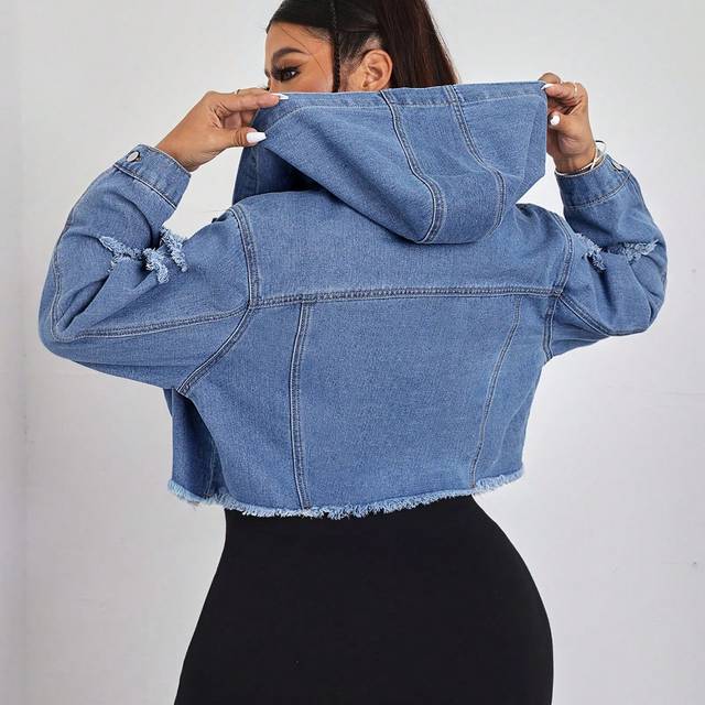 SHEIN Plus Size Women&#39;s Solid Color Casual Hooded Long Sleeve Denim Jacket