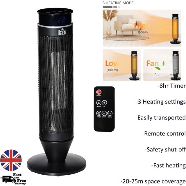 HOMCOM Tower Indoor Space Heater Electric Floor Heater w/ 2 Heat & Fan 1000W/2000W, Oscillation, Remote Control, Timer for Bathroom Aosom UK