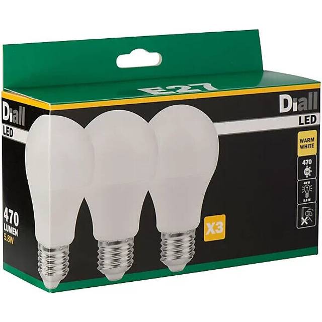 Pack of 3 Diall LED Large Edison Screw (E27) Warm White Light Bulbs 6watt = 40W 470 Lumen