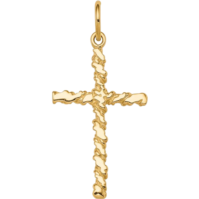 10k yellow gold solid & textured medium size nugget cross charm satin pendant