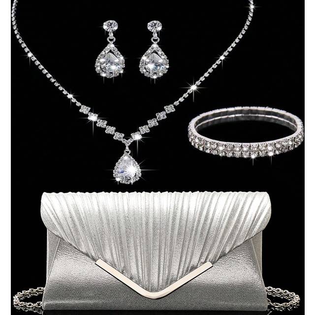 SHEIN Rhinestone Jewelry Set Bling Necklace Earrings Bracelets Set For Women Evening Clutch Bag Bridal Wedding Sparkling Envelope Clutch For Women Prom With