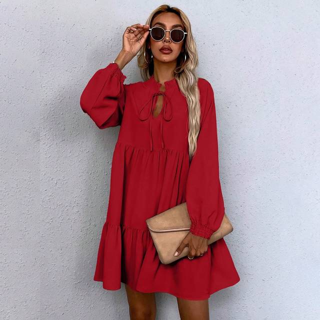 SHEIN Women&#39;s Solid Color Tie Collar Lantern Sleeve Casual Loose Babydoll Dress, Spring & Summer, Home Wear For New Year Clothes