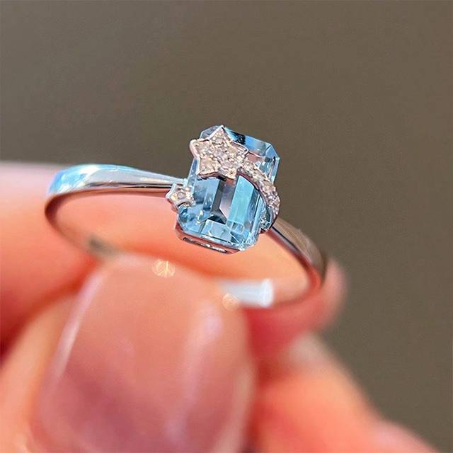 SHEIN 1pc Original 925 Sterling Silver Square Aquamarine Zirconia Vintage Star Ring, Suitable For Daily Wear, Party Occasion Gift For Women