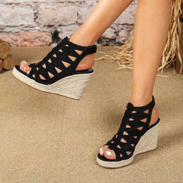 SHEIN Wedge Heeled & Thick Bottomed Rope Sole Open Toe Laser Cut Peep Toe Sandals
