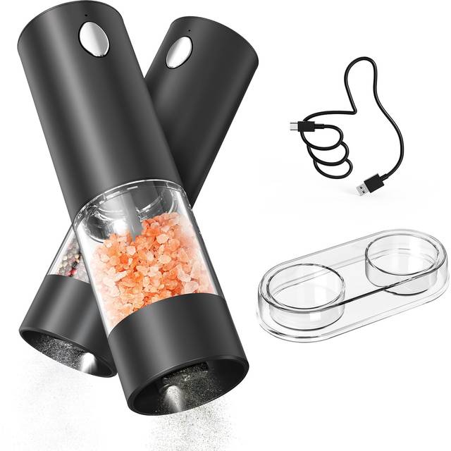 CIRCLE JOY Electric Salt and Pepper Grinder Set Battery Powered Spice Mills with Base, Washable 95ml Transparent Container, White LED Light and