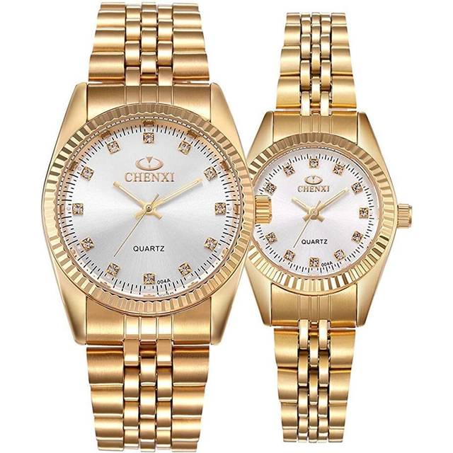 Classic Gold Watch Stainless Steel His and Hers Pair Wrist Watches for Men Women Couple Quartz Watch Gift