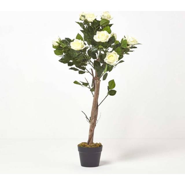 Homescapes White Potted Rose Tree Artificial Plant with green leaves, 90 cm - White