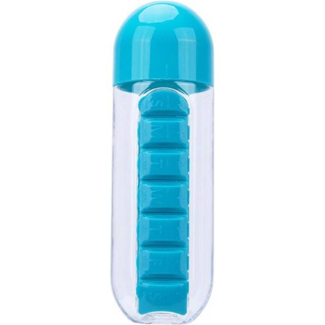 (Sky Blue) 2 in 1 Pill Box Water Bottle Portable Travel Pill Box Bottle Pill Storage Box Medicine Pill Box Drinking Bottle for Carrying