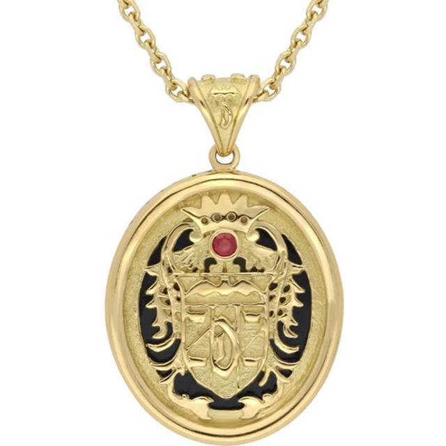 9ct Yellow Gold Whitby Jet Blood Red Ruby Commemorative Dracula Necklace