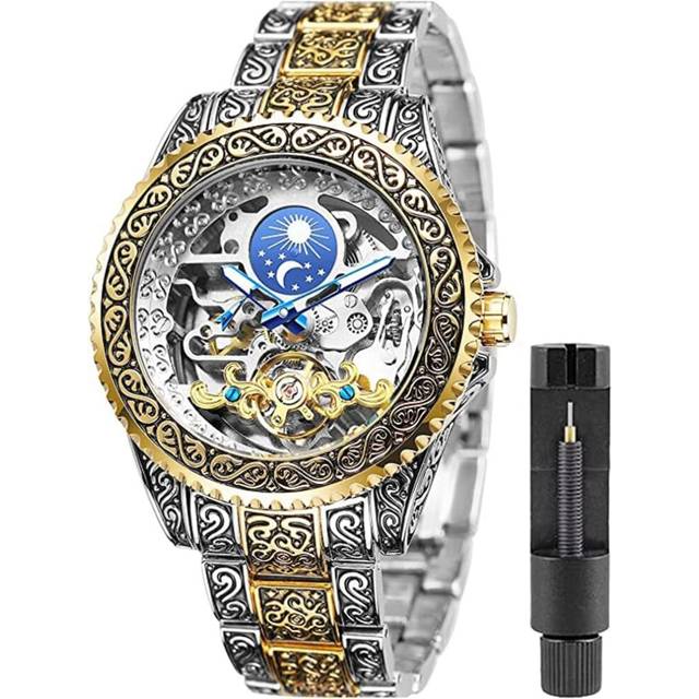 Luxury Vintage Automatic Men Watch Engraved Carved Watch Rotatable VEANXIN Men Moon Phase Tourbillon Watches Skeleton Automatic Mechanical Stainless