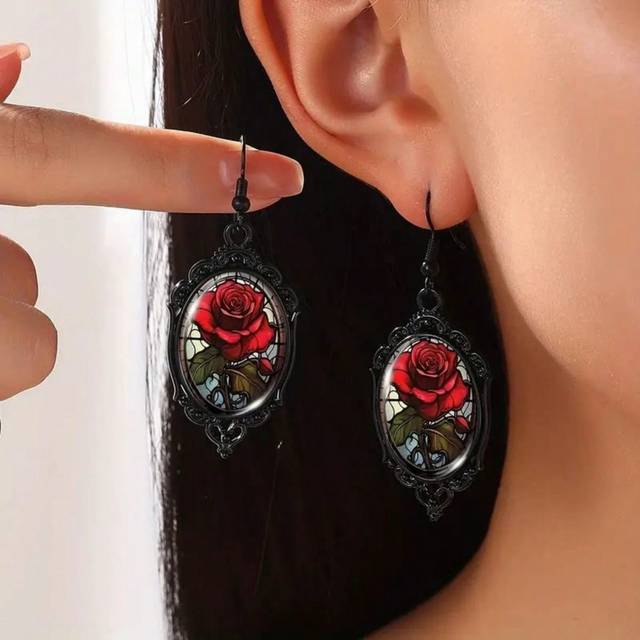 SHEIN 1pair Halloween Red Rose Oval Dangle Earrings, Gothic Blood Flower Design For Women