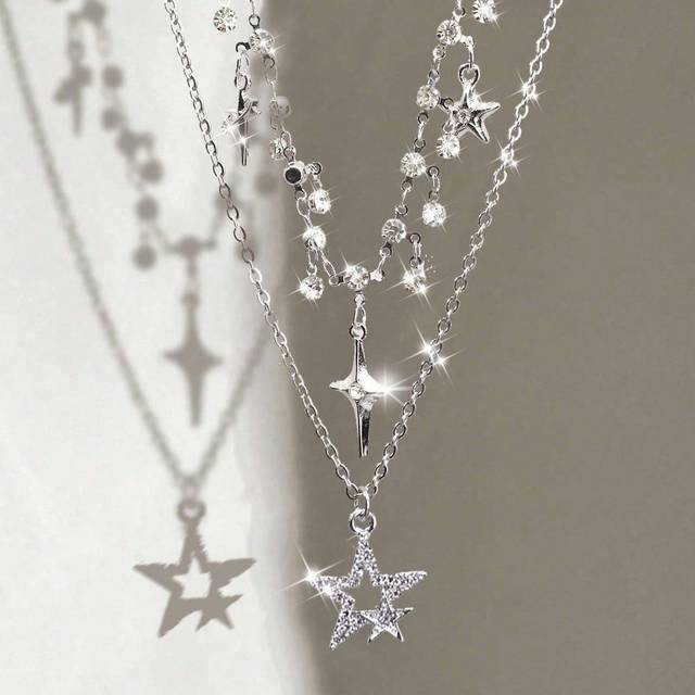 SHEIN 2pcs Rhinestone Star & Cross Tassel Pendant Necklaces, Bling Zirconia Gothic Delicate Y2K Layered Choker Necklaces For Women