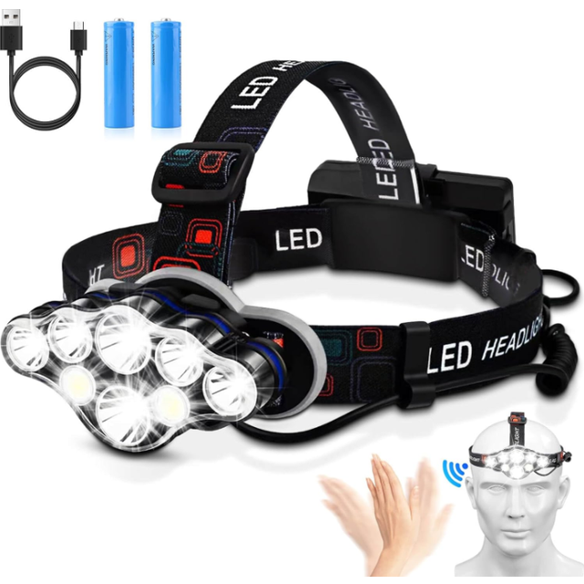Chronus Rechargeable Headlamp,18000 Lumen Bright 8 Led Head Lamp, Waterproof Head Flashlight for Outdoor Hiking Camping(Black)