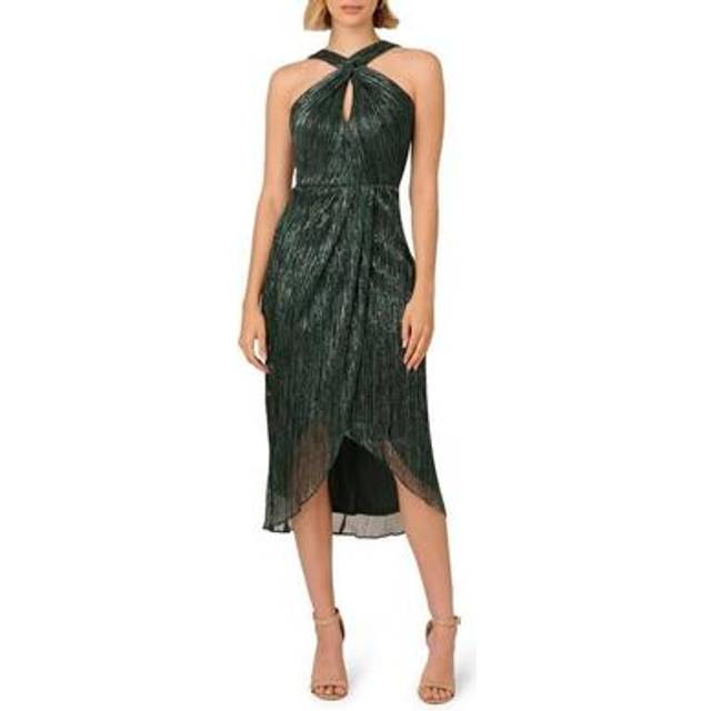 Metallic Knit Halter Midi Dress With Wrap Skirt In Green Pine - 0