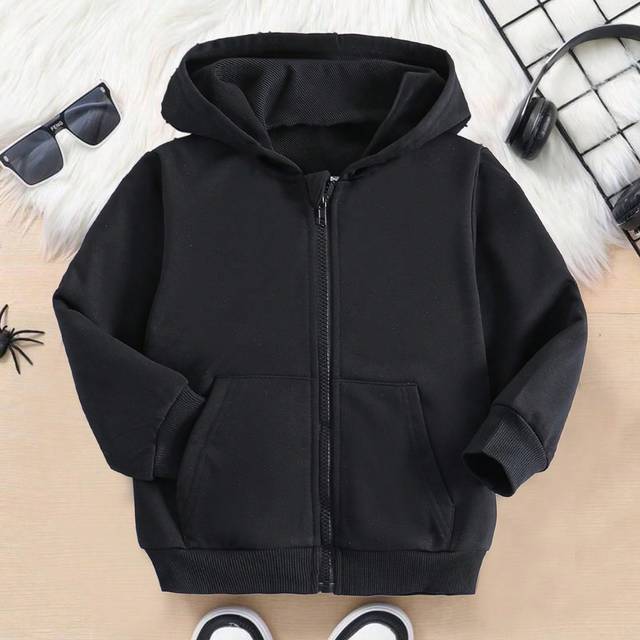SHEIN Young Boy Zipper Front Casual Black Hooded Jacket, Suitable For 4-7 Years Old Boys To Wear In Autumn And Spring Seasons. This Jacket Is Suitable For O