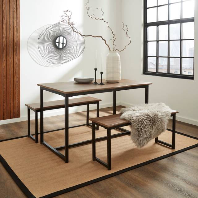 Ronan 4 Seater Wave Edge Dining Table and Bench Set - Black