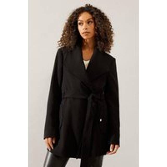 Womens Smart Short Belted Wrap Coat - Black - 16