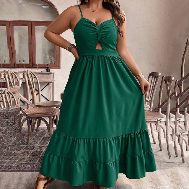 SHEIN Plus Size Solid Color Spaghetti Strap Hollow Simple Ruched Dress Women Outfit
