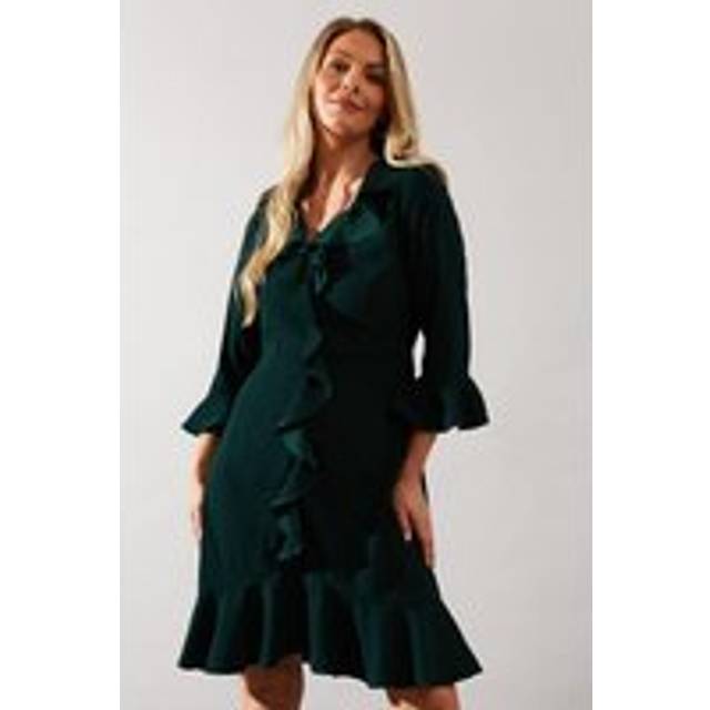 Womens Occasion Satin Ruffle Shift Dress - Green - 12