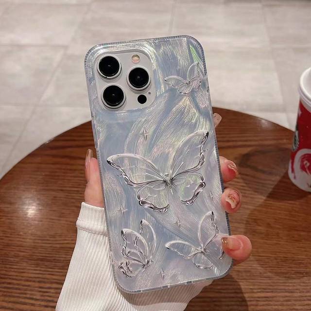 SHEIN Fashionable New Electroplated Laser Feather Foil Butterfly Design Shockproof Elegant Protective Phone Case Compatible With IPhone 16 Series/17/17 Pro/