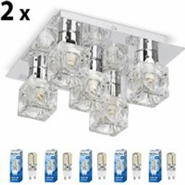 Minisun - Ritz Pair of - Chrome Ice Cube 5 Way Flush Ceiling Spotlights - Complete with 10 x 3w Energy Saving G9 led Light Bulbs