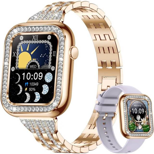 (Steel strip Gold 2, Custom dial) LIGE Smart Watch For Women Full Touch Screen Bluetooth Call Waterproof
