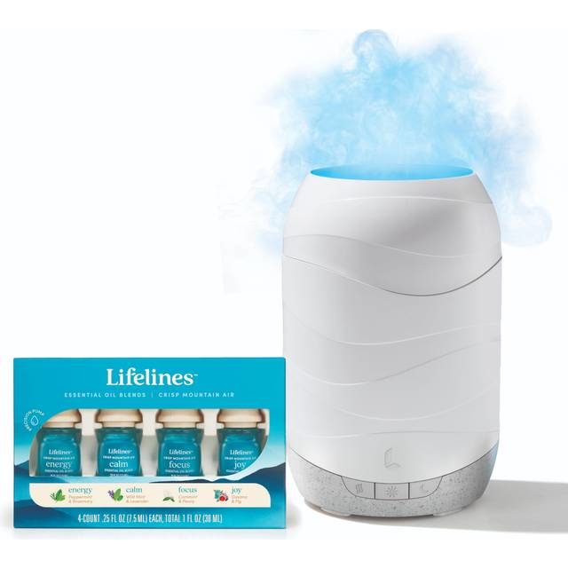 Lifelines Waves Ultrasonic Essential Oil Diffuser with 4-Pack Crisp Mountain Air Oil Blends - 200ml Aromatherapy Diffuser with Cascading Mist & Auto-S