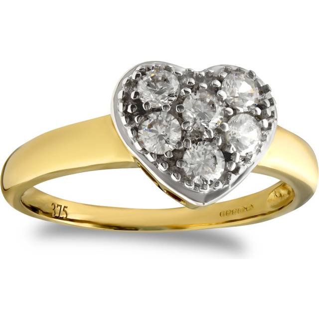 (O) Jewelco London Ladies Solid 9ct Yellow and White Gold White Round Brilliant Cubic Zirconia Pave Love Heart Ring