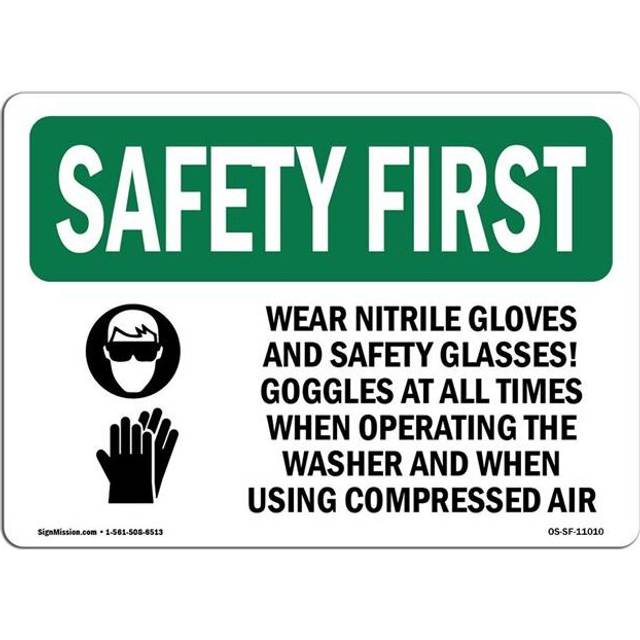 SignMission OS-SF-A-1014-L-11010 10 x 14 in. OSHA Safety First Sign - Wear Nitrile Gloves & Safety with Symbol