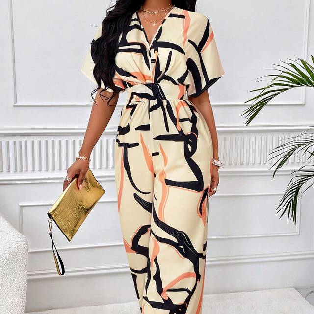 VaVaBold All-Over Print Ruched Jumpsuit With Bat Wing Sleeves (Print Pattern Random)