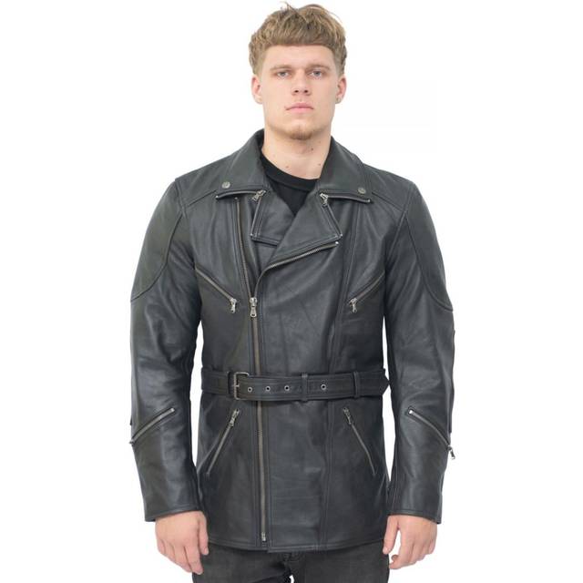 (4XL) Mens Cross Zip 3/4 Black Leather Long Motorcycle CE Armour Biker Jacket