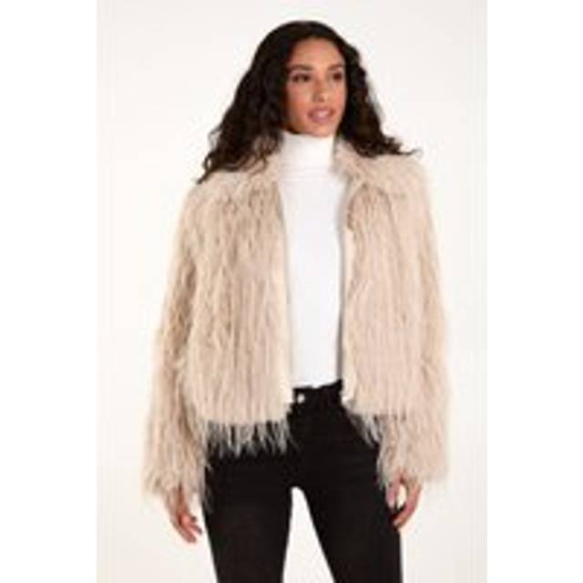 Womens Textured Faux Fur Collar Coat - Beige - M