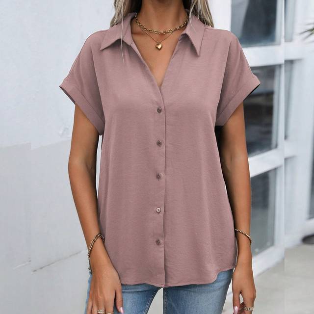 SHEIN Short Sleeve Solid Color Shirt With Fold-Over Collar, Summer
