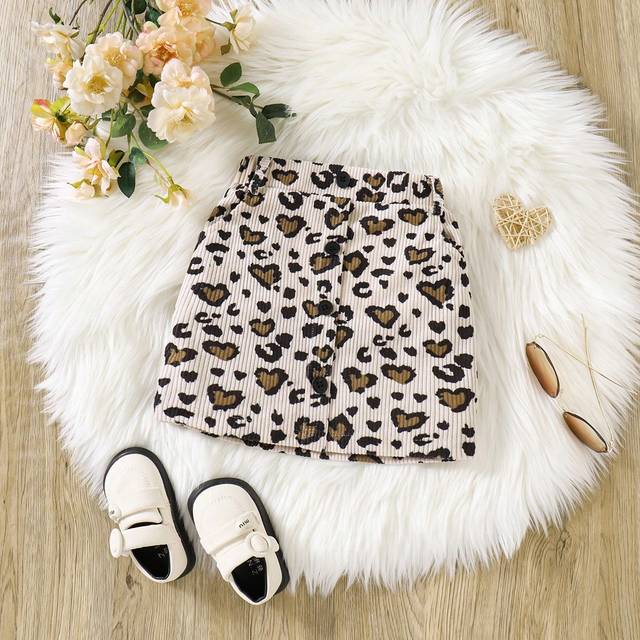 SHEIN Young Girl Leopard Heart Corduroy A-Line Skirt - A Skirt Designed For And Unique Girls, Featuring Leopard Print, Heart Pattern, And Classic Corduroy M