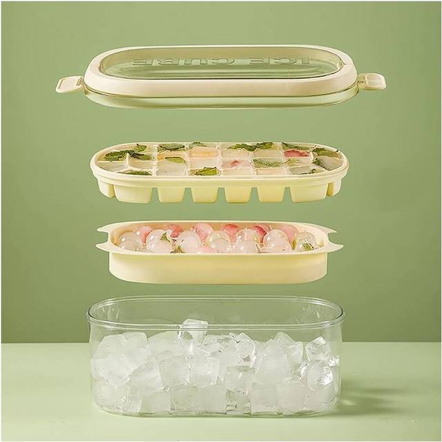 (  Yellow) Ice Cube Mould Ice Tray Ice Cube Tray with Lid and Bin Food-Grade Silicone