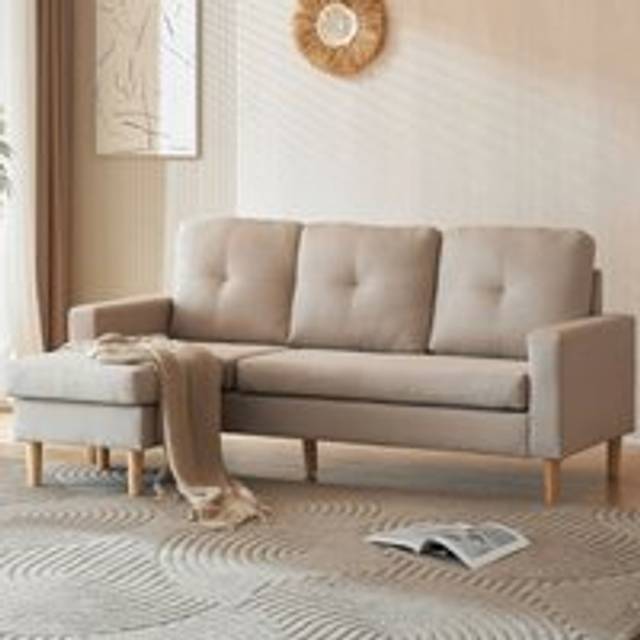 3 Seater Sofa, Fabric Corner Sofa Couch l Shape, sofa can be fitted with solid wood footrests, Beige