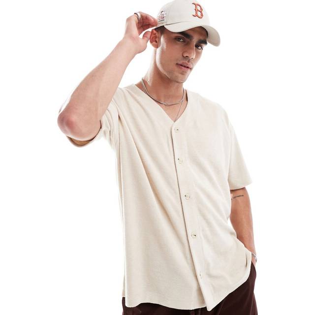 ASOS DESIGN – Beige t-shirt i frotté, oversize och baseballstil-Naturlig