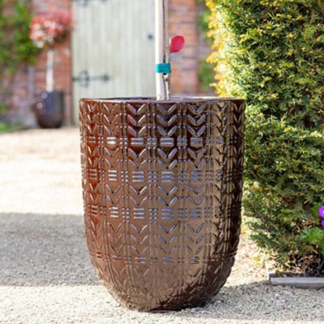 Textured Glazed Terracotta Planter In Glossy Coffee Brown 70cm - One Size