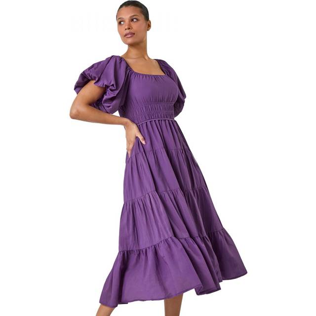 Roman Womens Plain Puff Sleeve Tiered Midi Dress - Purple - Size 12 UK